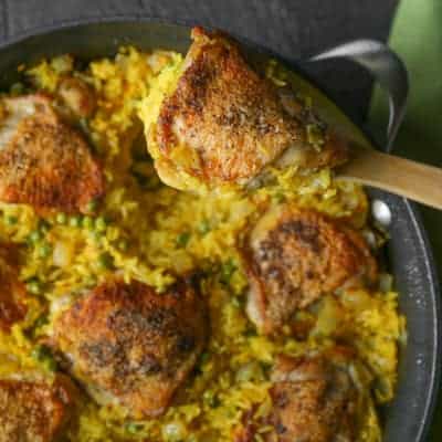 Crispy Chicken and Saffron Rice Skillet | tasteslovely.com