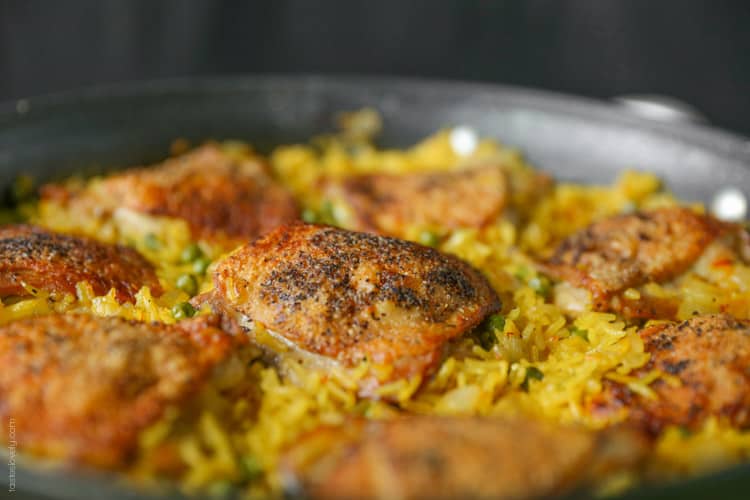 Crispy chicken and saffron rice skillet