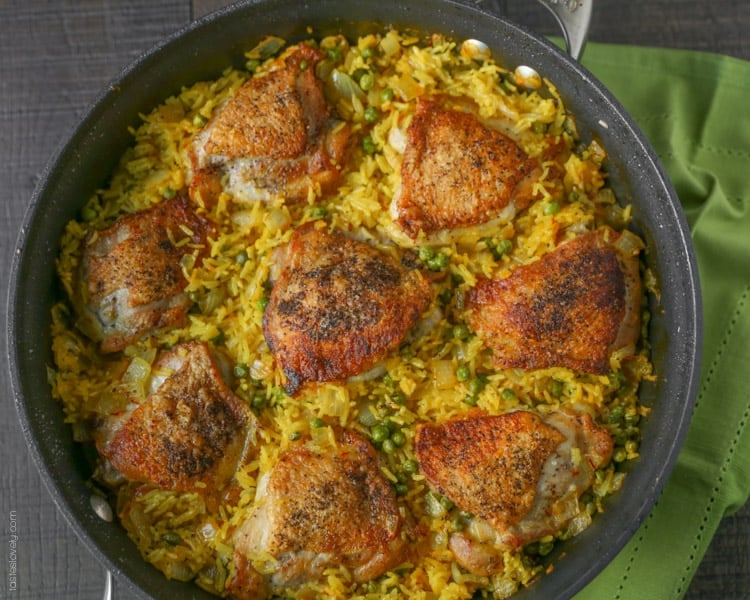 Crispy chicken and saffron rice skillet