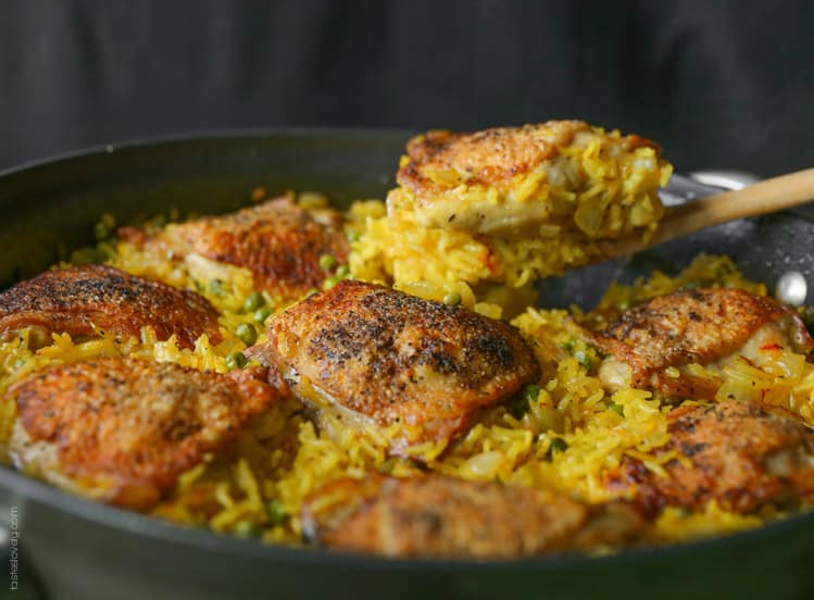 Crispy chicken and saffron rice skillet