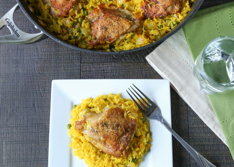 Crispy chicken and saffron rice skillet