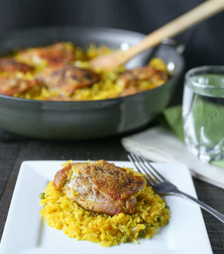 Crispy chicken and saffron rice skillet