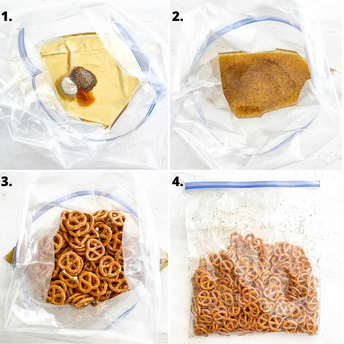 step by step photos showing 4 quadrants for how to make the spicy pretzel recipe