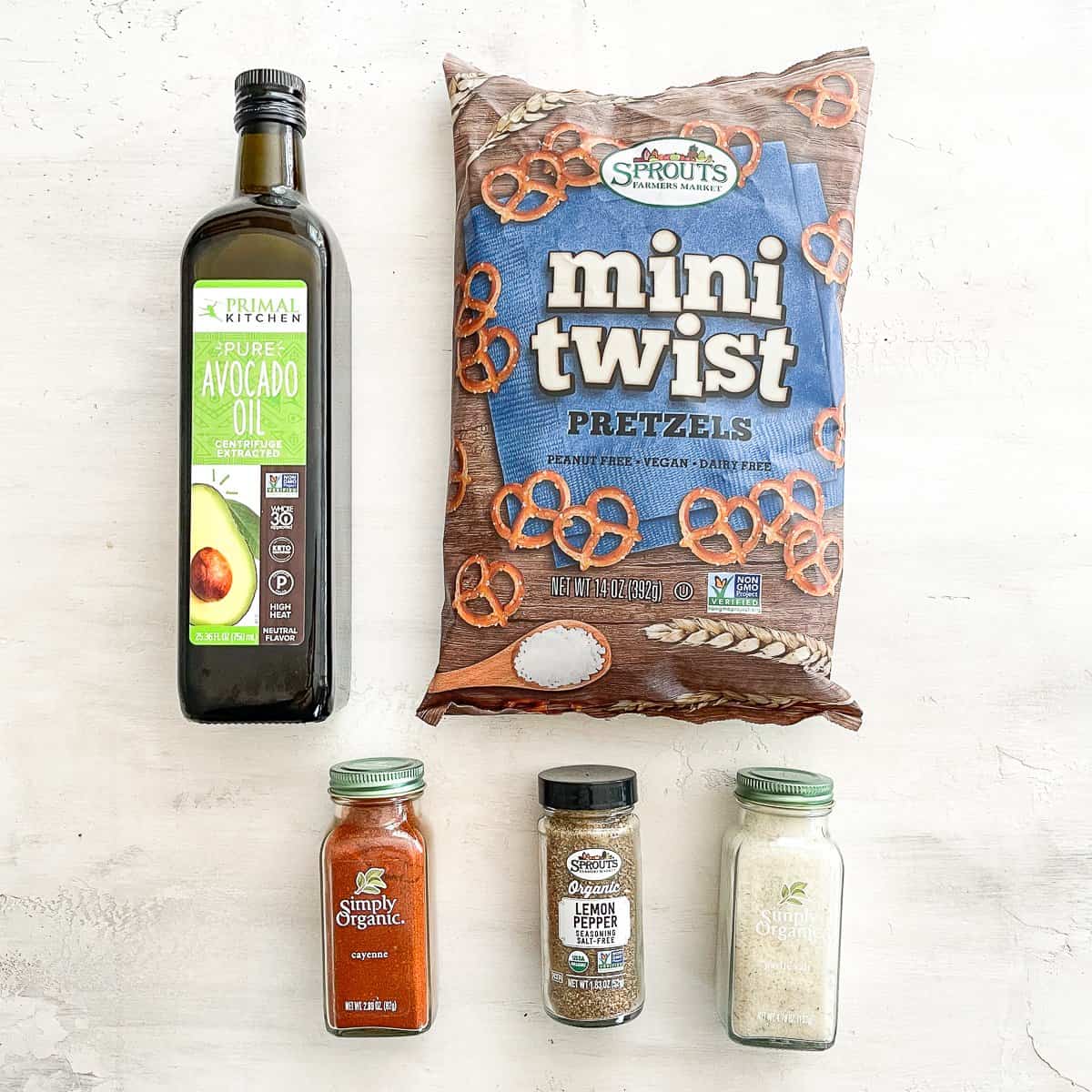 avocado oil, pretzels, and spice ingredients