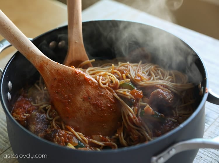 Low calorie spaghetti & sausage meatballs, only 410 calories!