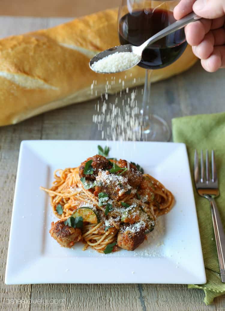 Lightened up spaghetti & sausage meatballs, only 410 calories!