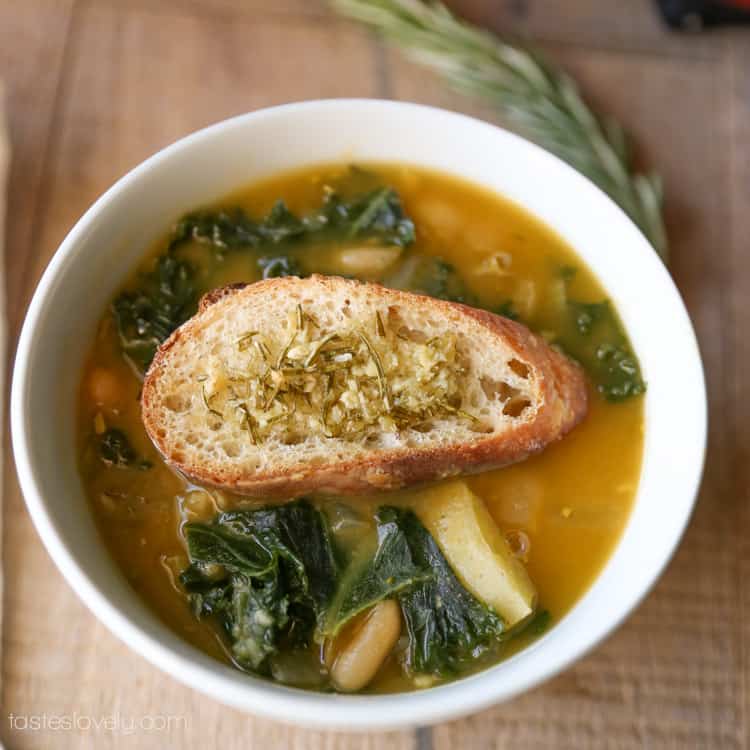 Potato, White Bean & Kale Vegan Soup with Garlic Rosemary Crostini's