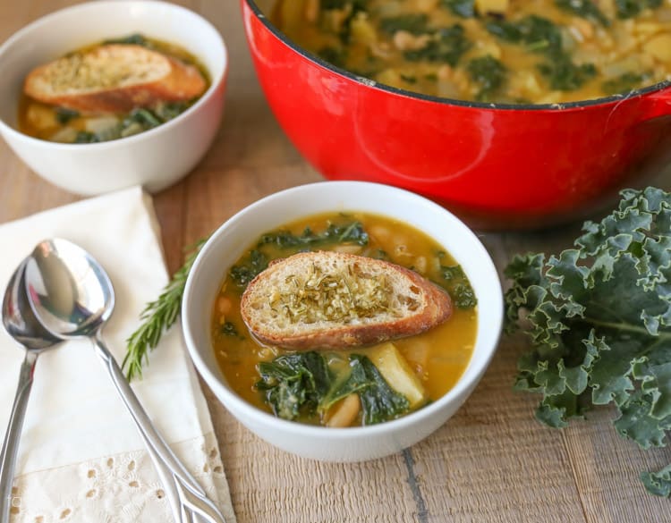 Potato, White Bean & Kale Vegan Soup with Garlic Rosemary Crostini's