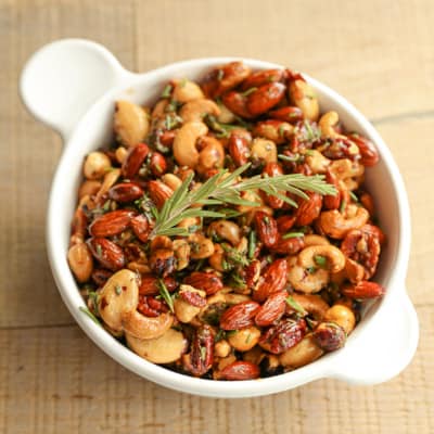 Sweet & Spicy Rosemary Roasted Nuts | tasteslovely.com