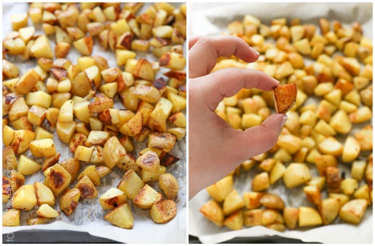 two side by side photos showing the crispy skin of roasted diced potatoes.