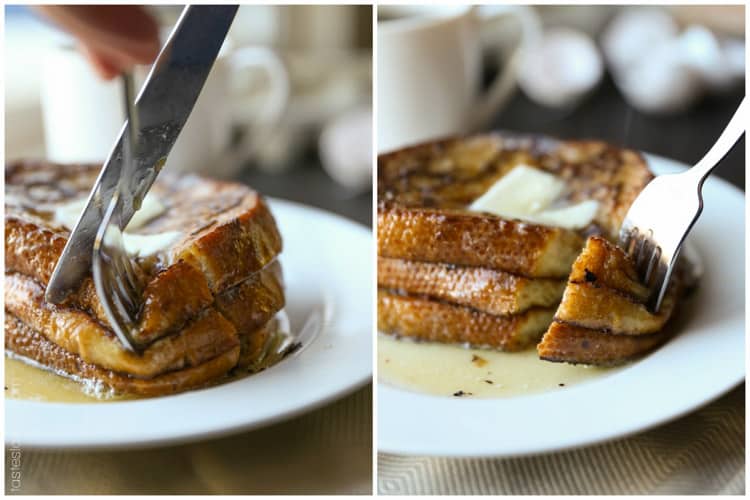 two photos side by side showing a fork and knife cutting into a stack of three slices of french toast