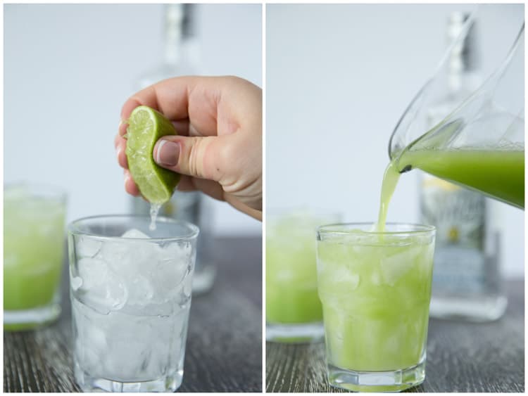 Refreshing cucumber lime margaritas. 3 ingredients, and only 135 calories!