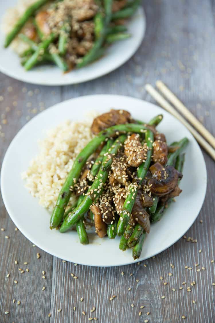 Green bean stir fry with chicken and sesame seeds