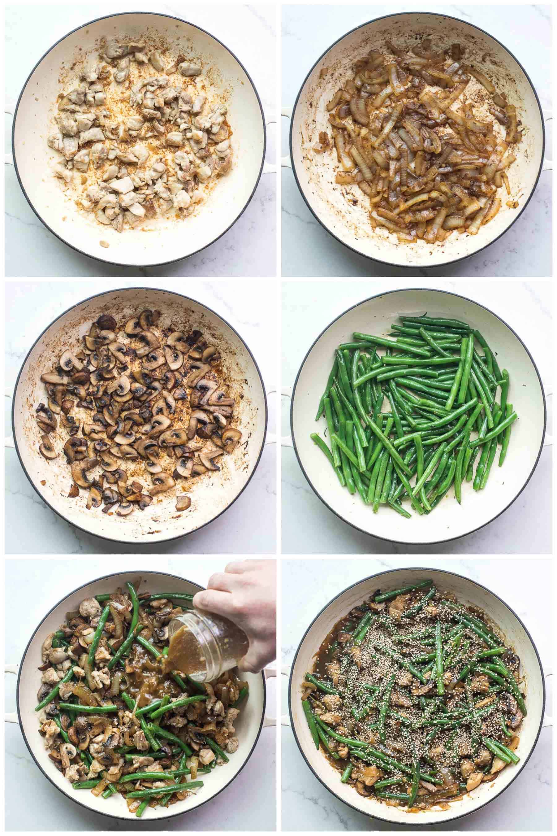 the steps of making sesame chicken green bean stir fry