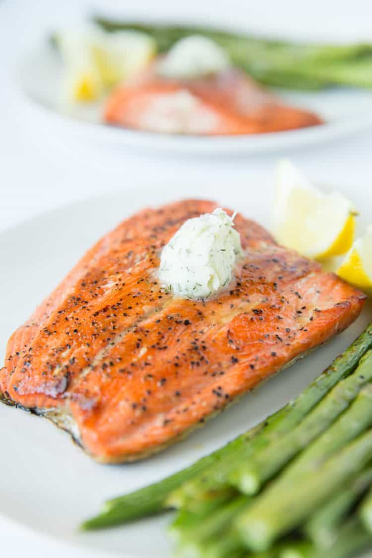 Pan seared salmon topped with a dill & garlic compound butter. 15 minute recipe!