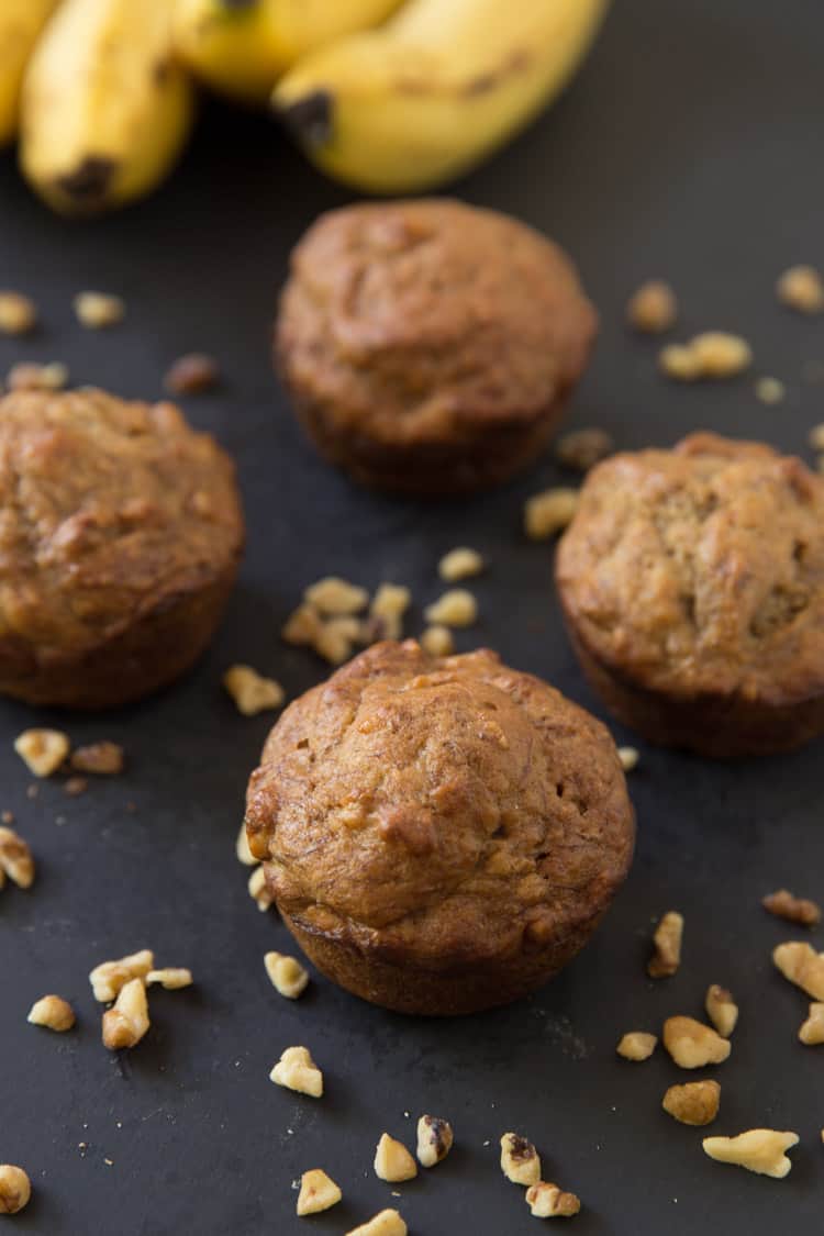 Perfect banana nut muffins. Made with 5 bananas, full of banana flavor!