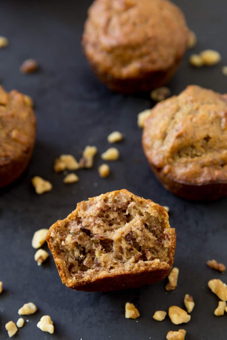 Perfect banana nut muffins. Made with 5 bananas, full of banana flavor!