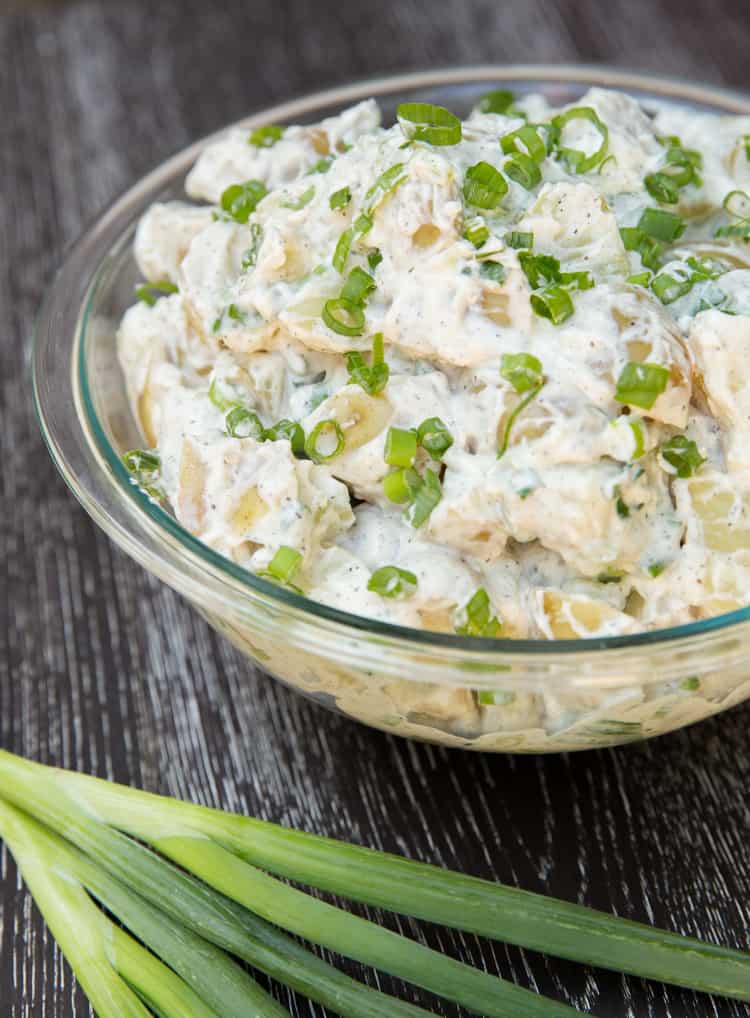 Classic potato salad, only 4 ingredients! Delicious warm or cold, and egg free!