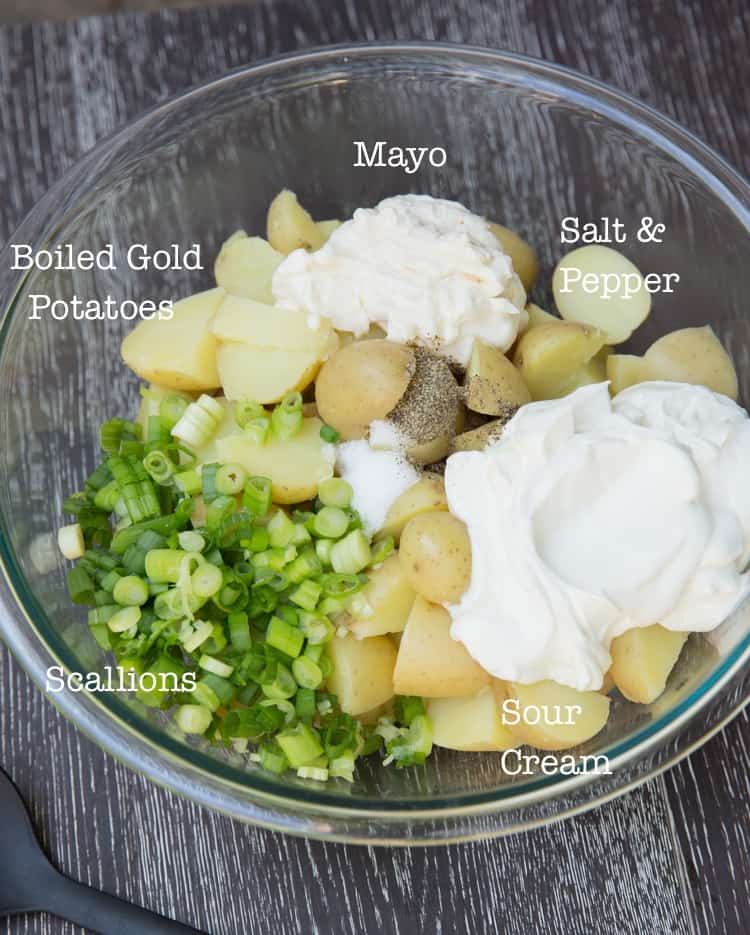 Classic potato salad, only 4 ingredients! Delicious warm or cold, and egg free!