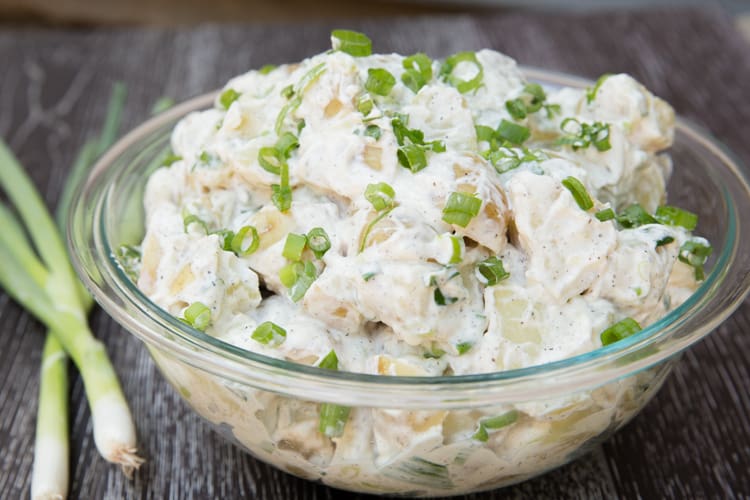 Classic potato salad, only 4 ingredients! Delicious warm or cold, and egg free!