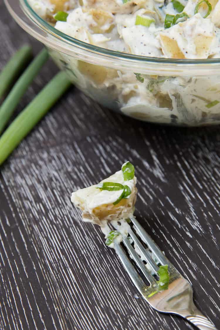 Classic potato salad, only 4 ingredients! Delicious warm or cold, and egg free!