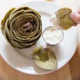 steamed artichoke on a white plate with lemon garlic aioli dipping sauce