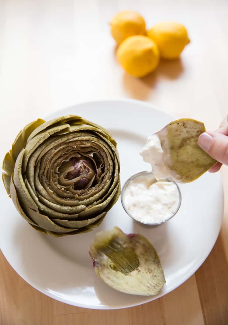 instant pot steamed artichokes with a delicious lemon garlic aioli.