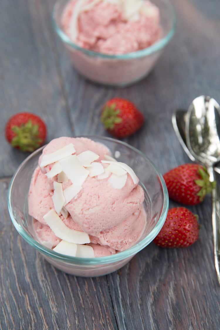Strawberry coconut milk ice cream, dairy free and almost half the calories of regular ice cream. Bursting with strawberry flavor!