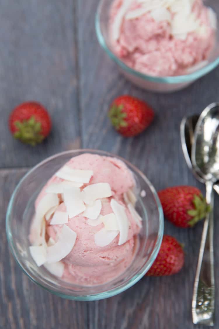 Strawberry coconut milk ice cream, dairy free and almost half the calories of regular ice cream. Bursting with strawberry flavor!