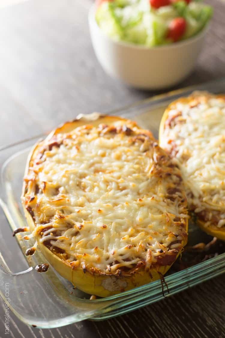 Spaghetti Squash Lasagna Boats with Sausage and Spinach