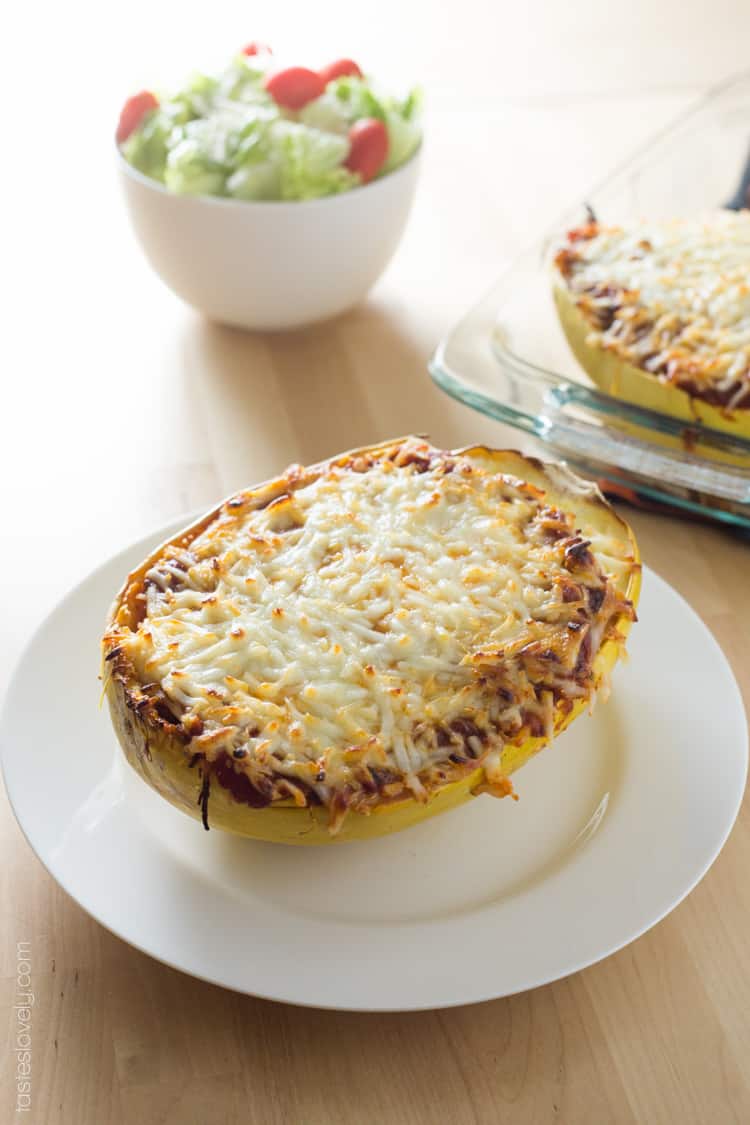 Spaghetti Squash Lasagna Boats with Sausage and Spinach