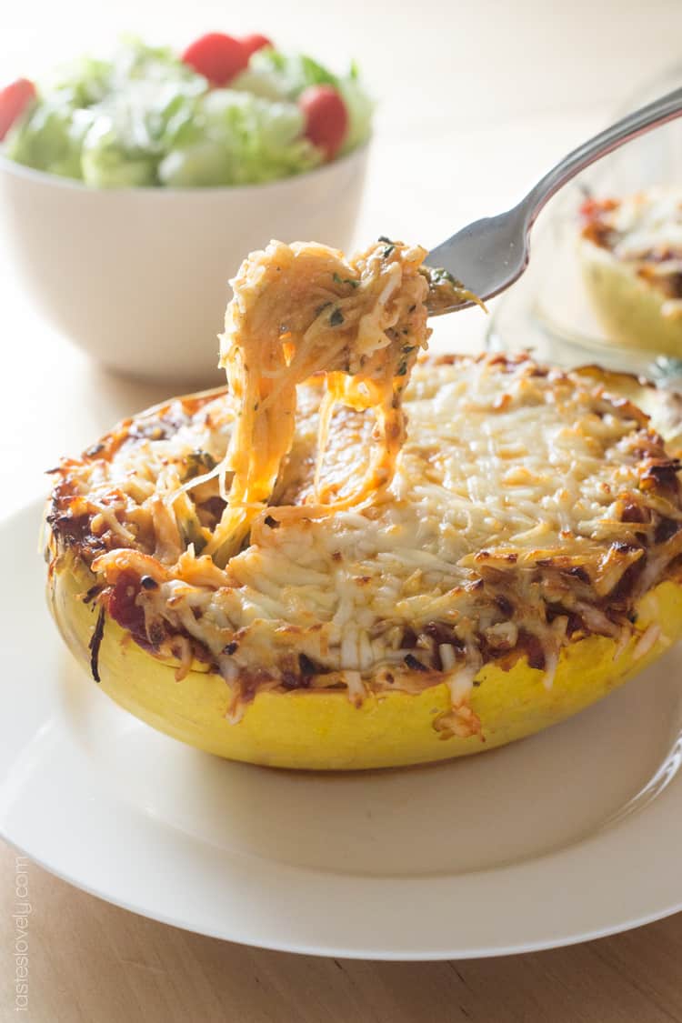 Spaghetti Squash Lasagna Boats with Sausage and Spinach