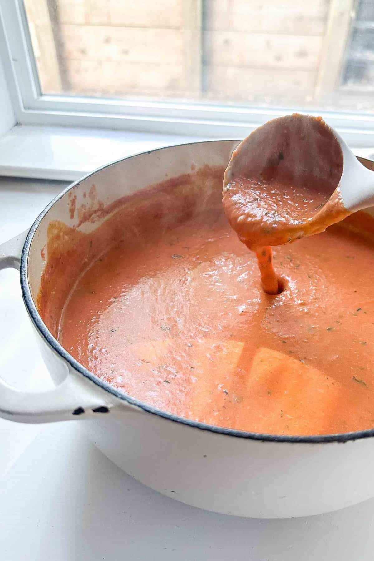 a ladle scooping soup out of a pot