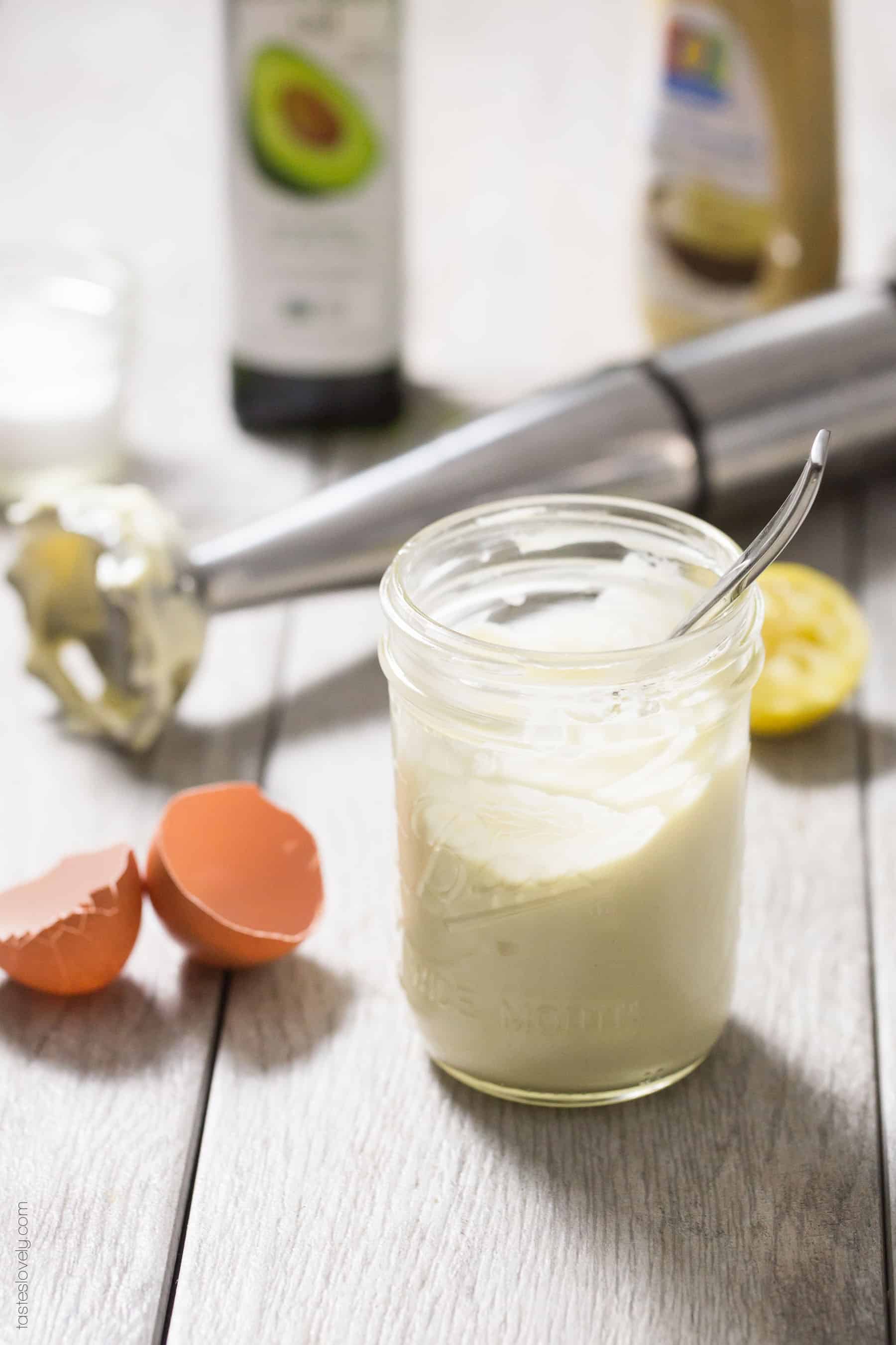 showing ingredients and tools to make homemade mayo