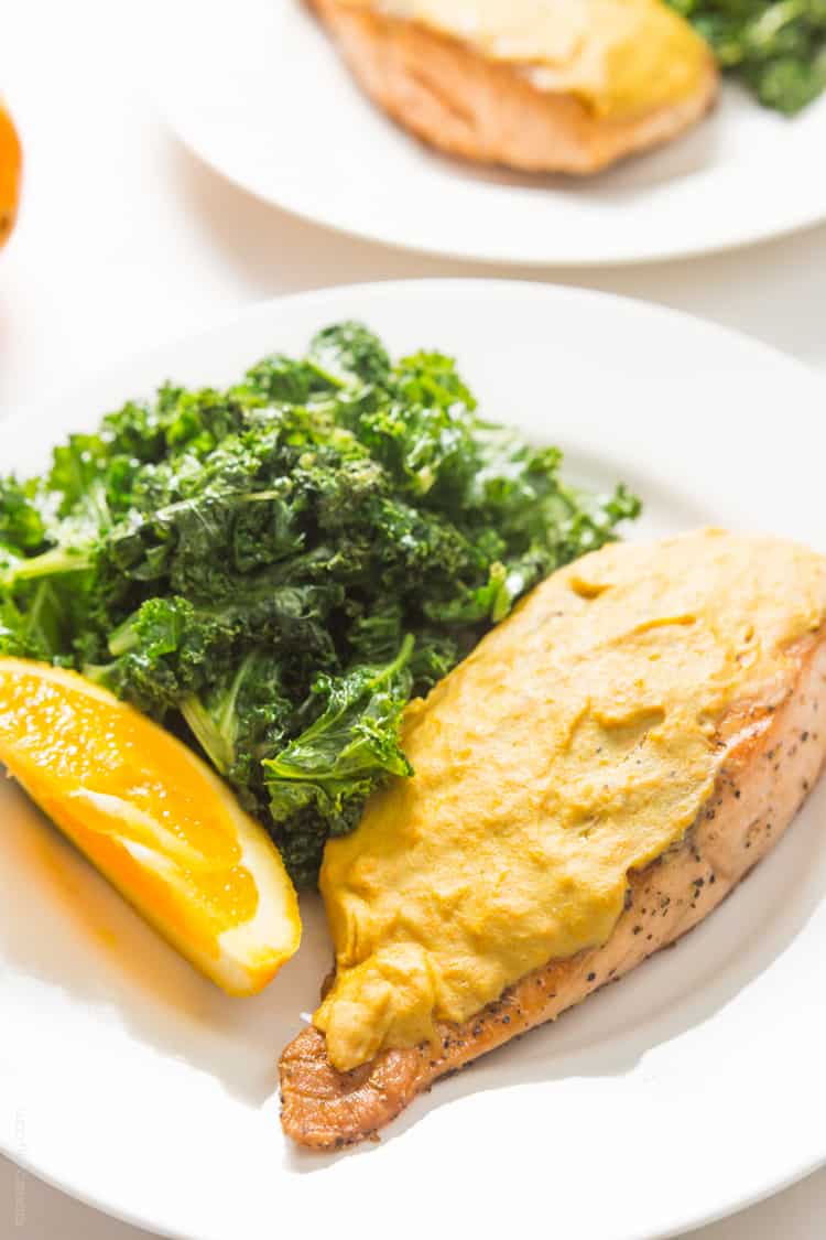 Easy 4 ingredient Orange Mustard Glazed Salmon, ready in just 15 minutes! #paleo #whole30 #glutenfree #lowcarb