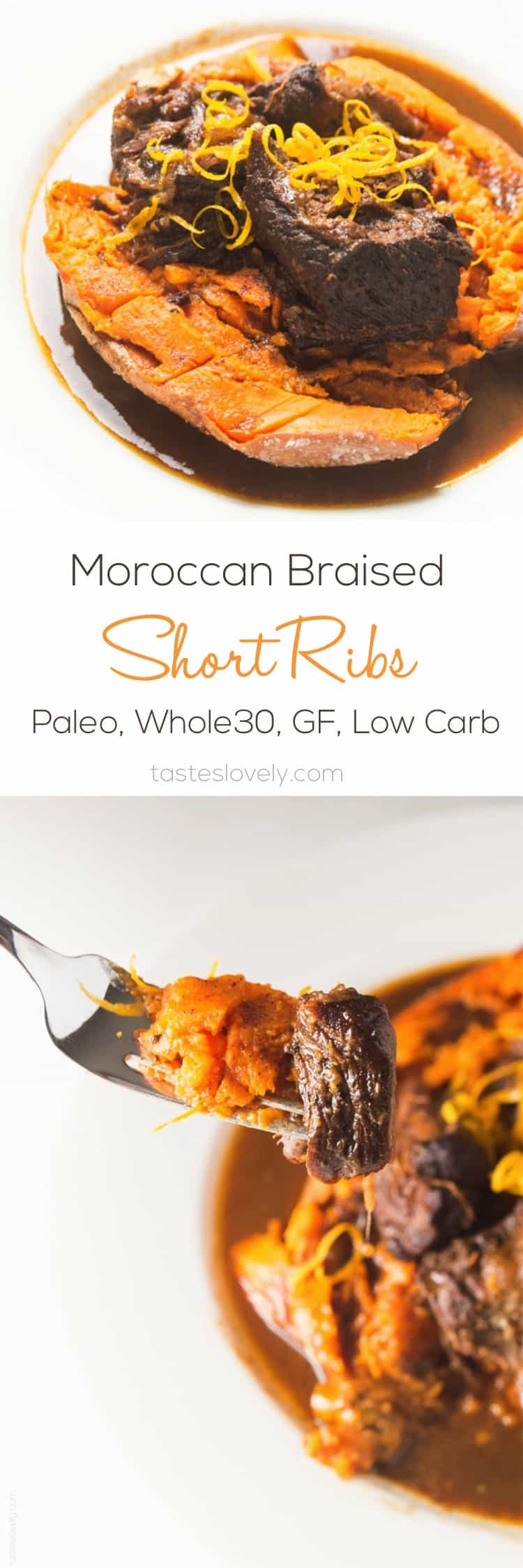 Slow cooker Moroccan Braised Short Ribs - tender, flavorful short ribs cooked in an orange cinnamon sauce, served over a baked sweet potato #paleo #whole30 #glutenfree #lowcarb