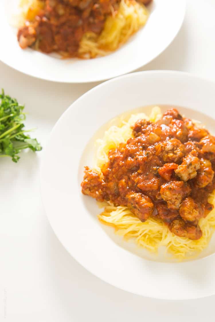 Spaghetti Squash & Meatballs - healthy spaghetti made w- spaghetti squash noodles & Italian sausage meatballs that tastes great! #glutenfree #paleo #whole30 #lowcarb #dairyfree