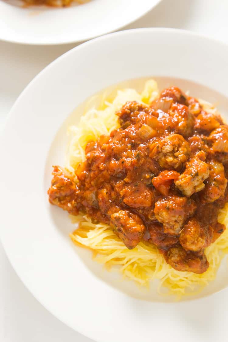 Spaghetti Squash & Meatballs - healthy spaghetti made w- spaghetti squash noodles & Italian sausage meatballs that tastes great! #glutenfree #paleo #whole30 #lowcarb #dairyfree-3
