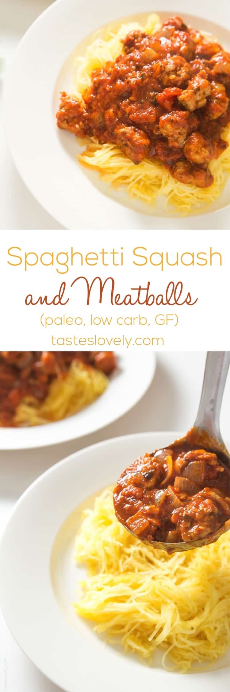 Spaghetti Squash & Meatballs - healthy spaghetti made w- spaghetti squash noodles & Italian sausage meatballs that tastes great! #glutenfree #paleo #whole30 #lowcarb #dairyfree