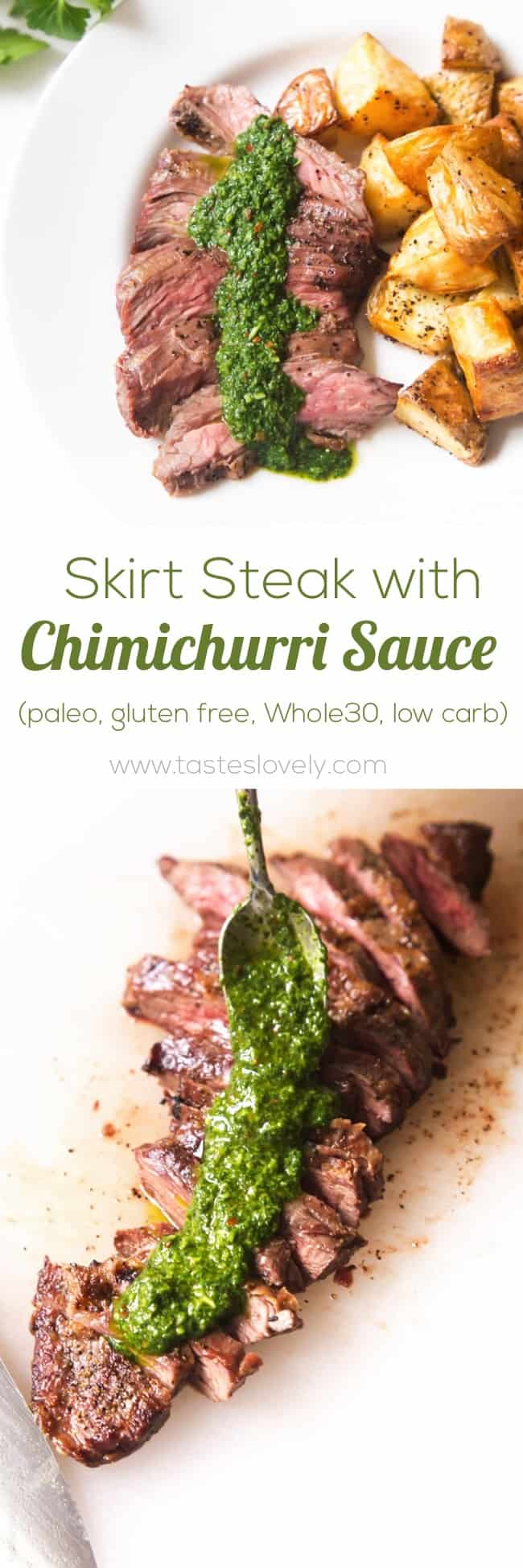 Skirt steak with chimichurri sauce - a delicious (and affordable!) steak dinner topped with a cilantro parsley mixture. #paleo #whole30 #glutenfree #lowcarb