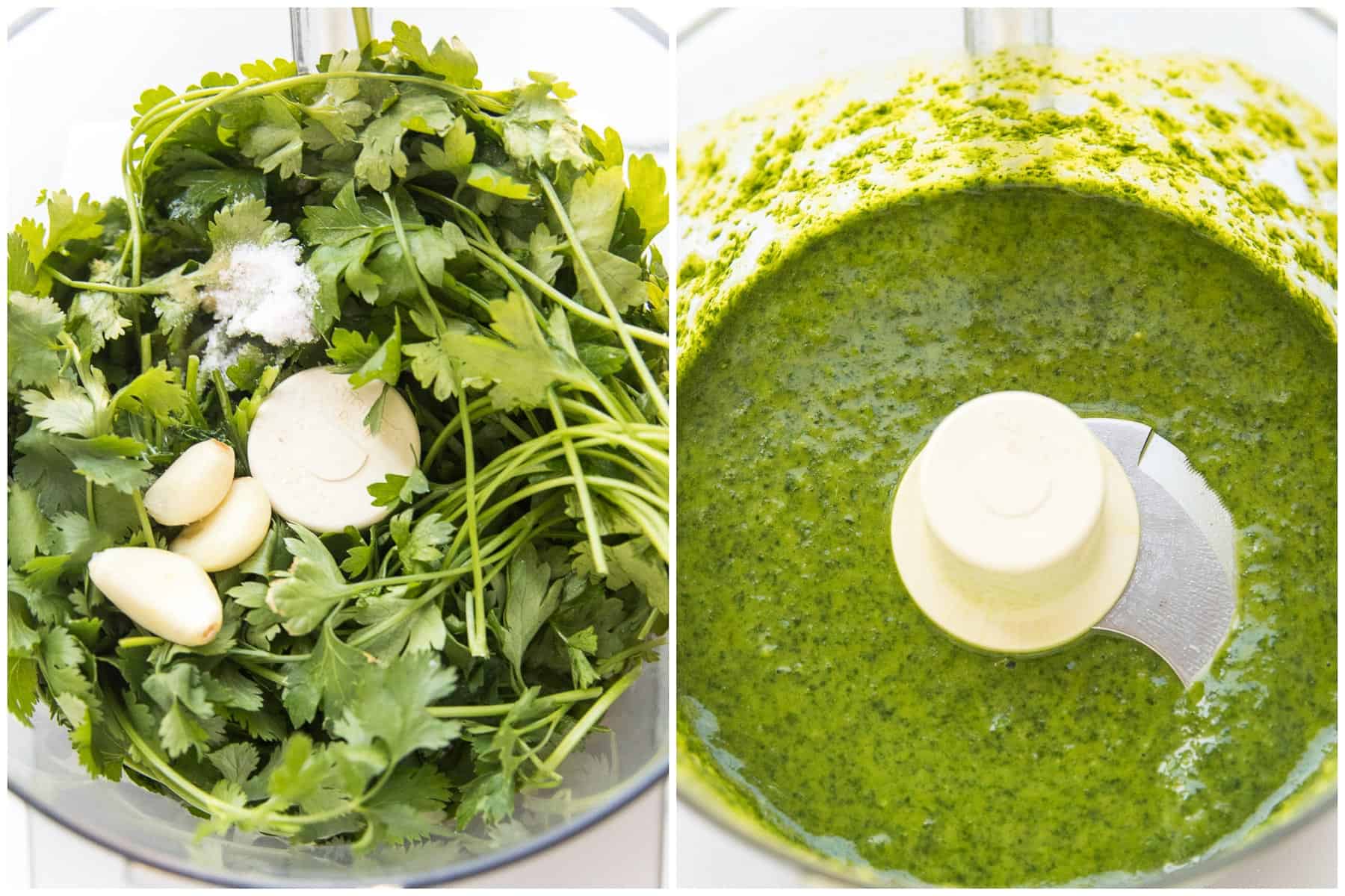 Steps of making chimichurri sauce in a food processor