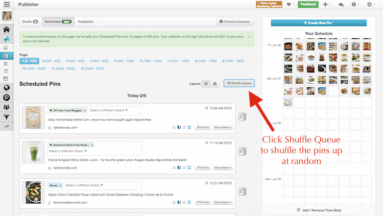 Click Shuffle Queue to mix up the pins scheduled for Tailwind