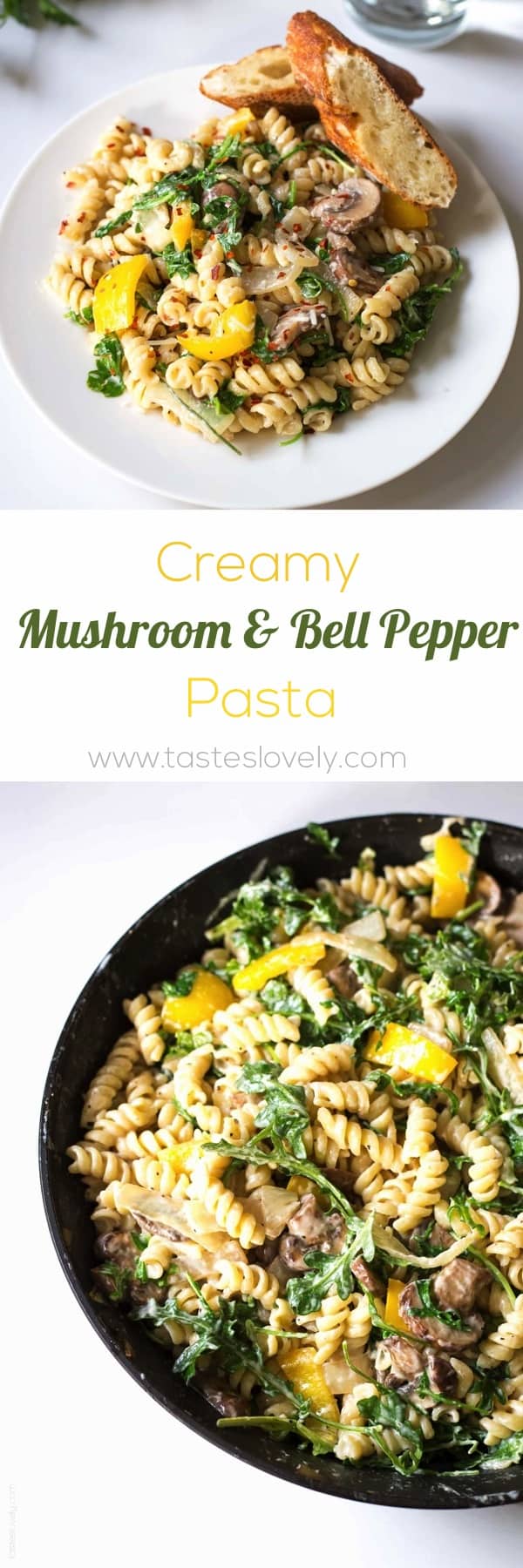 Creamy Mushroom and Bell Pepper Pasta with Arugula. Ready in 15 minutes! (vegetarian)