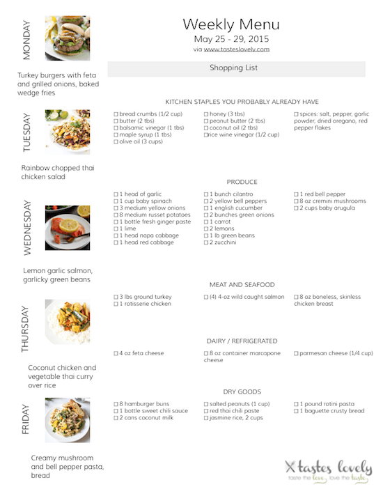 Weekly Menu and Grocery Shopping List, May 25 - 29, 2015 | tasteslovely.com