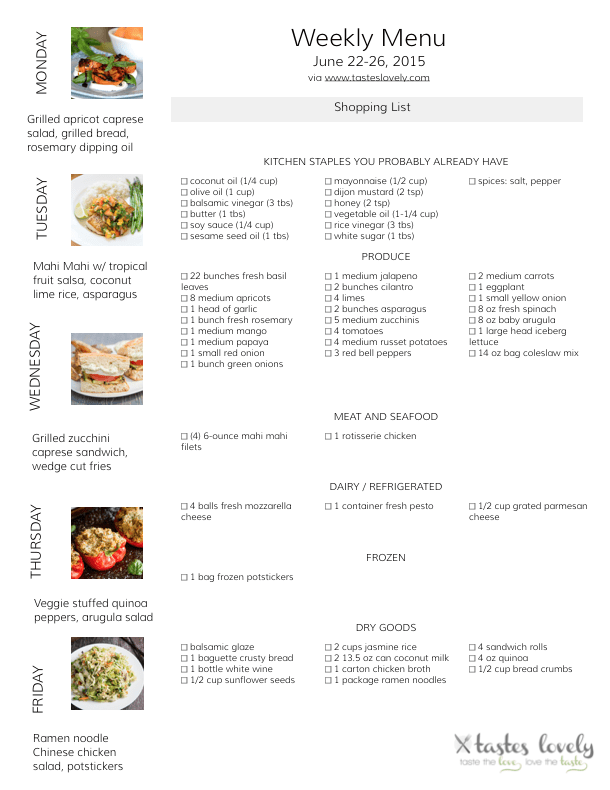 Weekly Menu & Grocery Shopping List - June 22-26, 2015 | tasteslovely.com-1