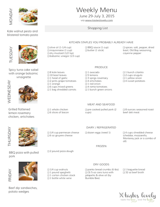 Weekly Menu & Grocery Shopping List for June 29-July 3, 2015 | tasteslovely.com