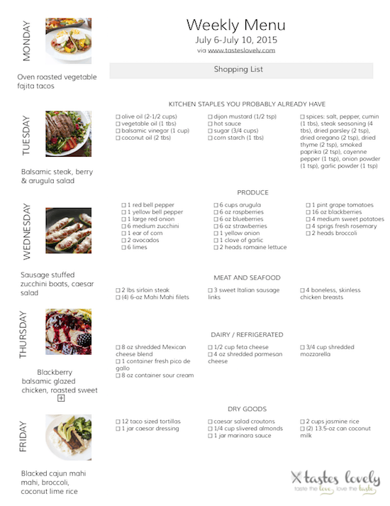 Weekly Menu & Grocery Shopping List for July 6-10, 2015 | tasteslovely.com