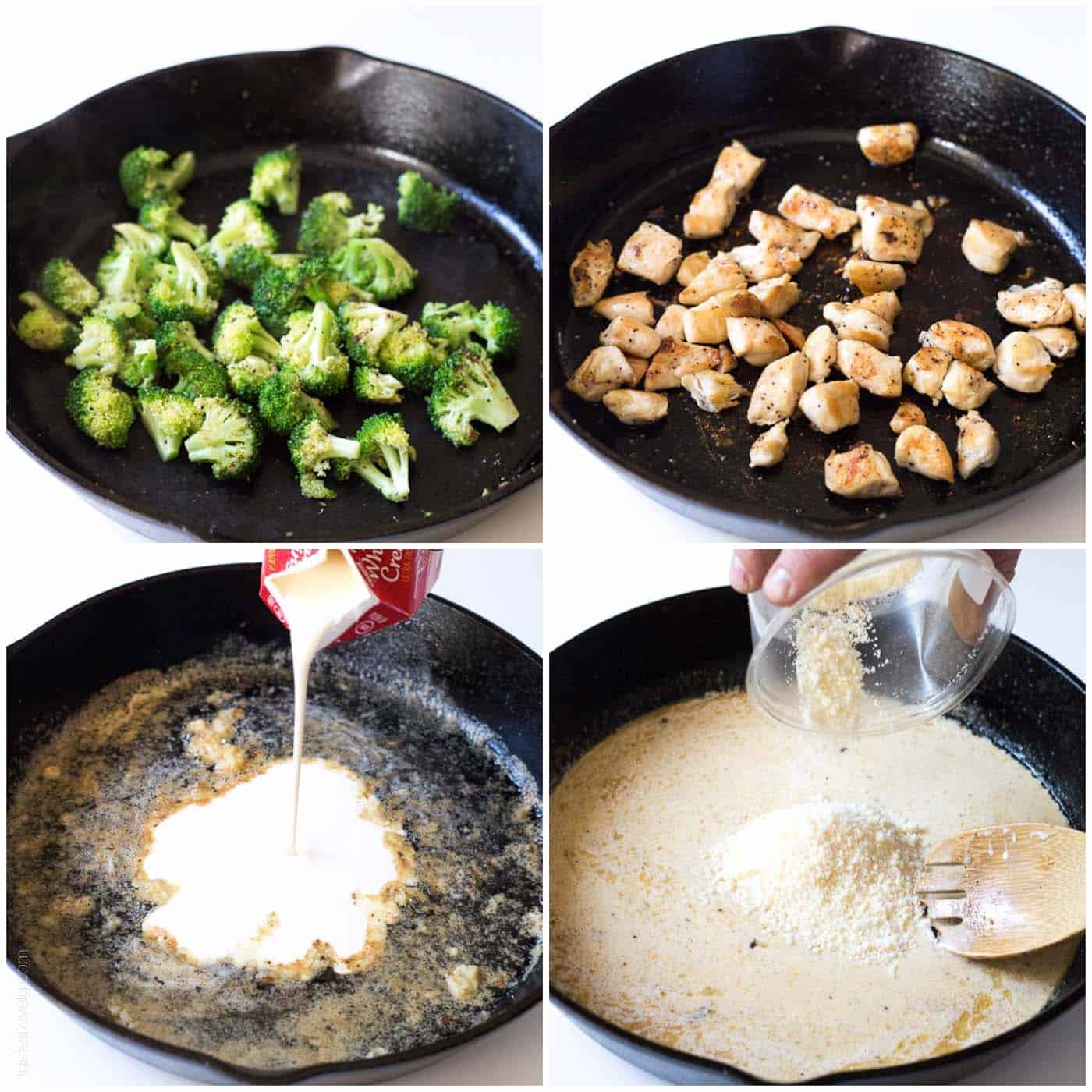 steps to make broccoli chicken alfredo in 4 quadrants