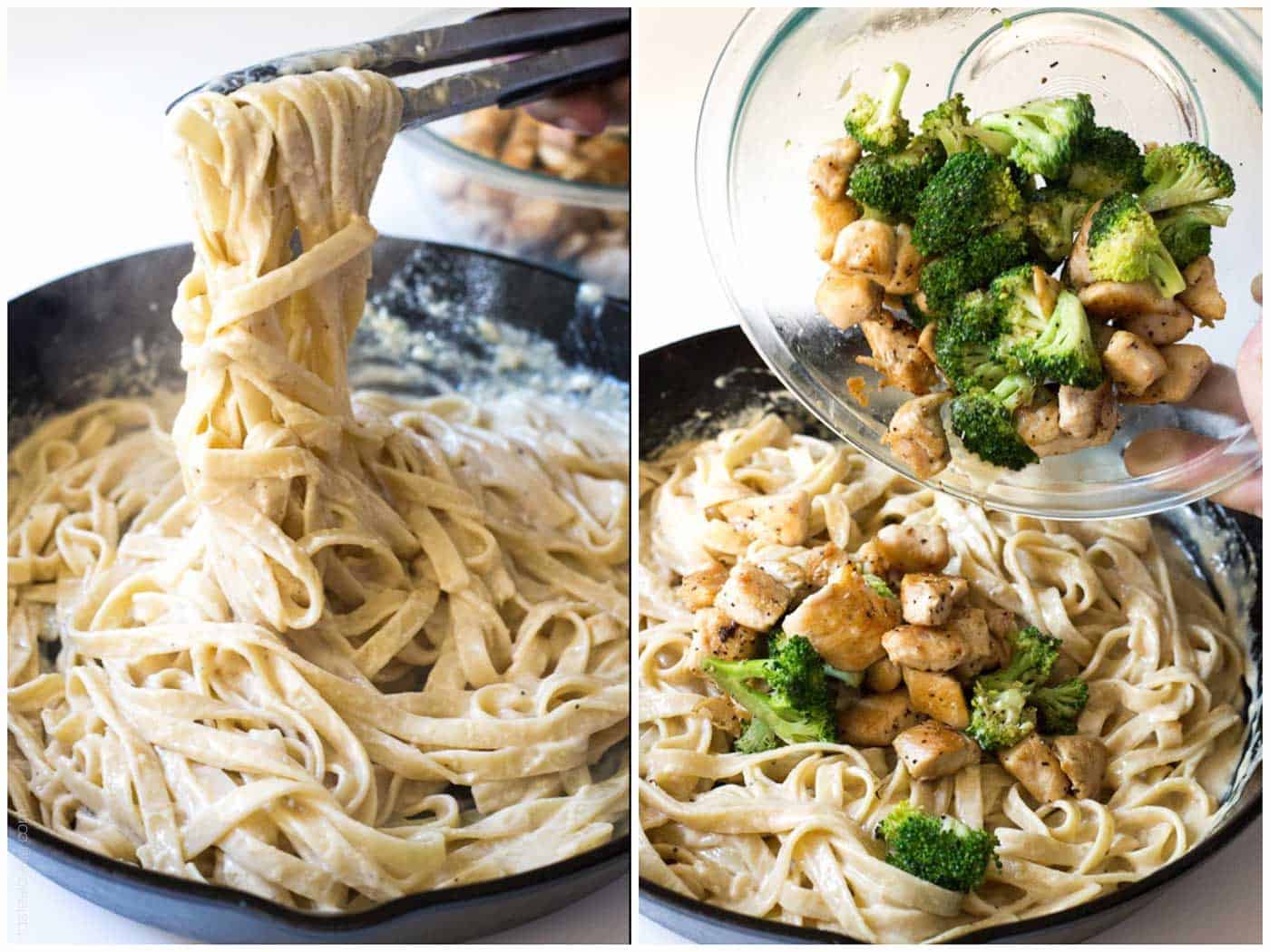 Making homemade broccoli chicken fettucine alfredo