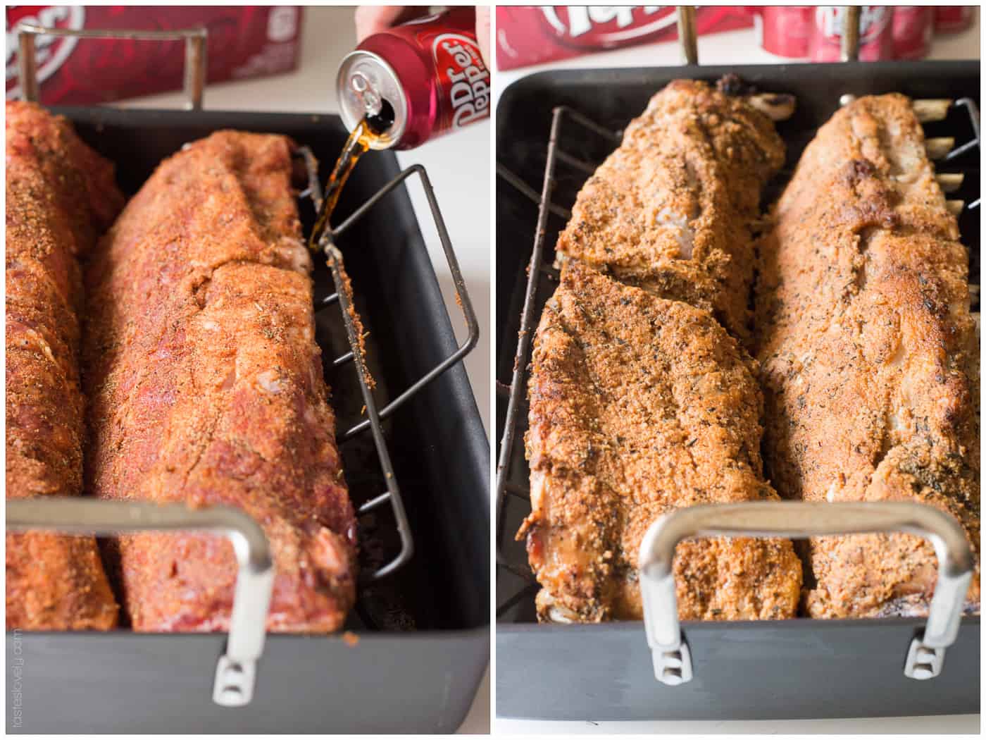 a can of dr pepper pouring into a roasting pan 